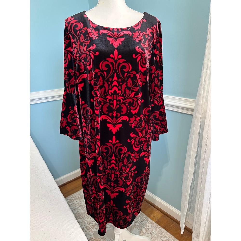 Sandra Darren Red Black luxury Damask Velvet Bell Sleeve Sheath Dress Womens 16W